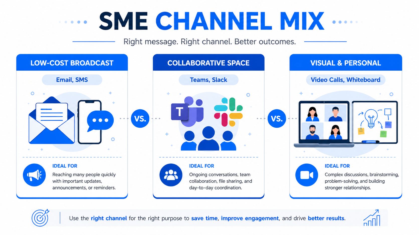 A diagram comparing three communication channels for SMEs including broadcast, collaborative spaces, and visual personal interactions.