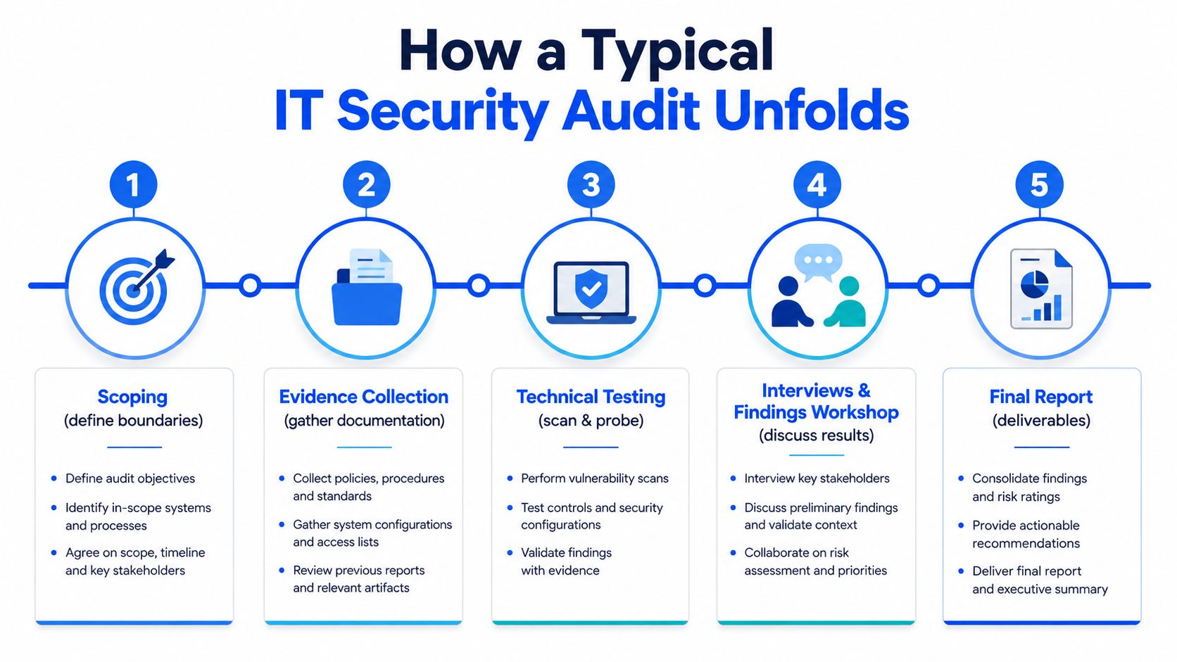 An infographic showing the five steps of an IT security audit process, from scoping to final reporting.