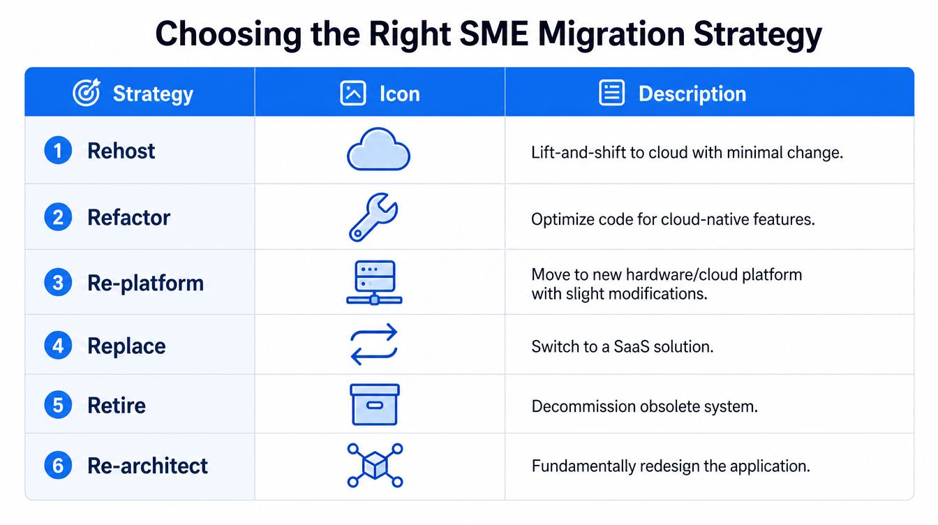 A table outlining six common SME migration strategies: Rehost, Refactor, Re-platform, Replace, Retire, and Re-architect.