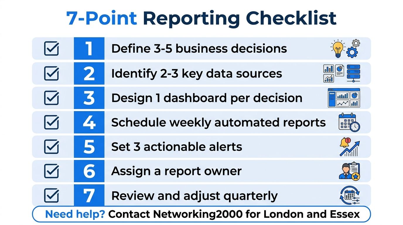 A 7-point business reporting checklist infographic illustrating steps for data analysis, dashboards, and automated management.