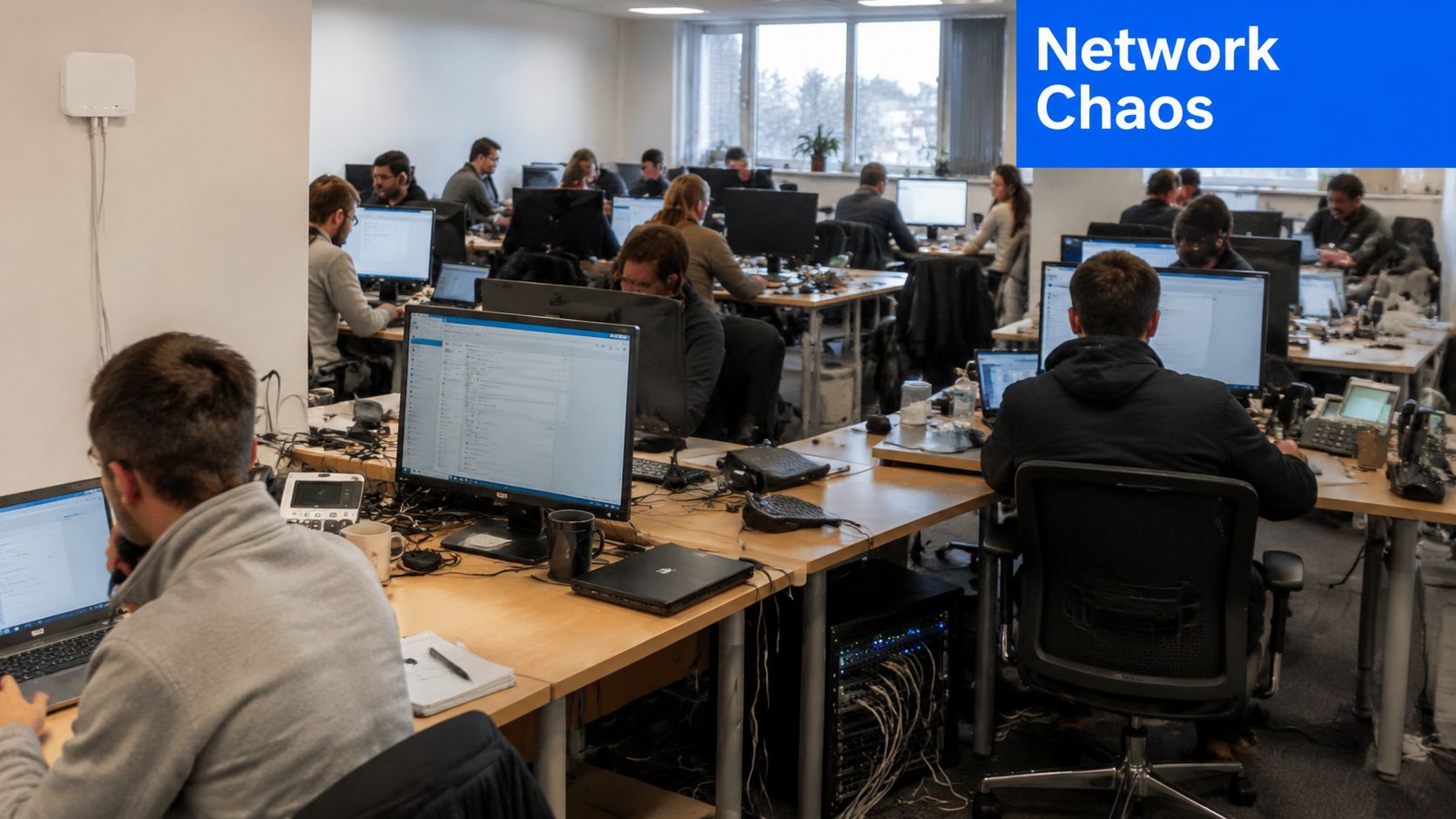 Employees working at computer workstations in a busy, cluttered office with various networking equipment and cables.