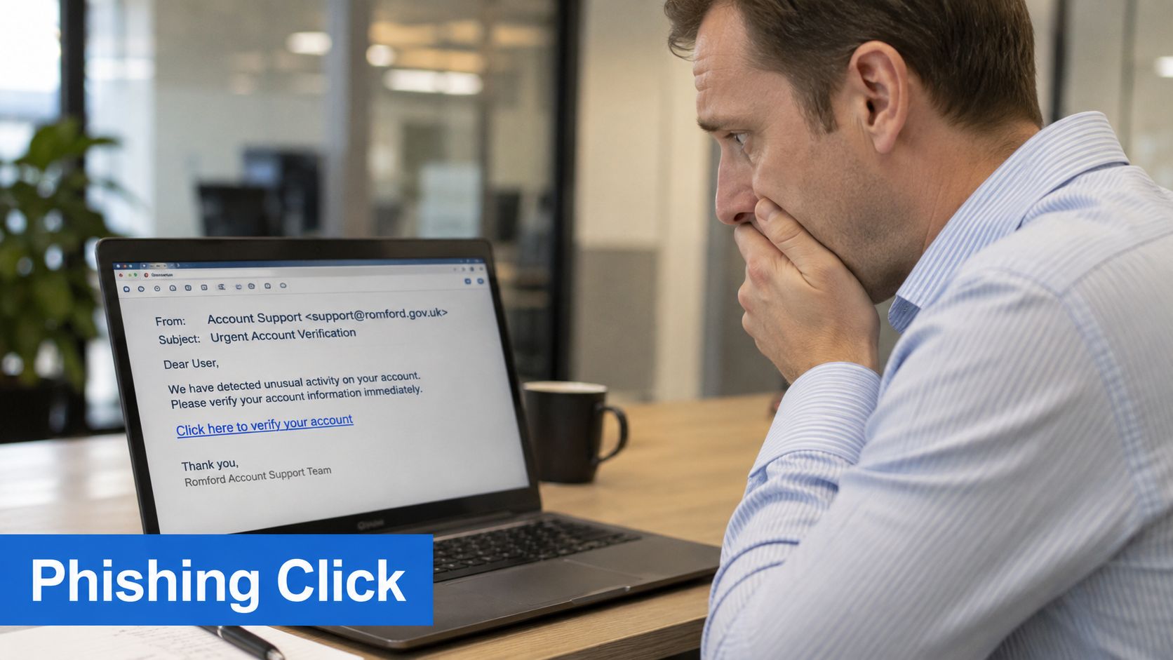 A concerned office worker looks at a phishing email on his laptop screen regarding account verification.