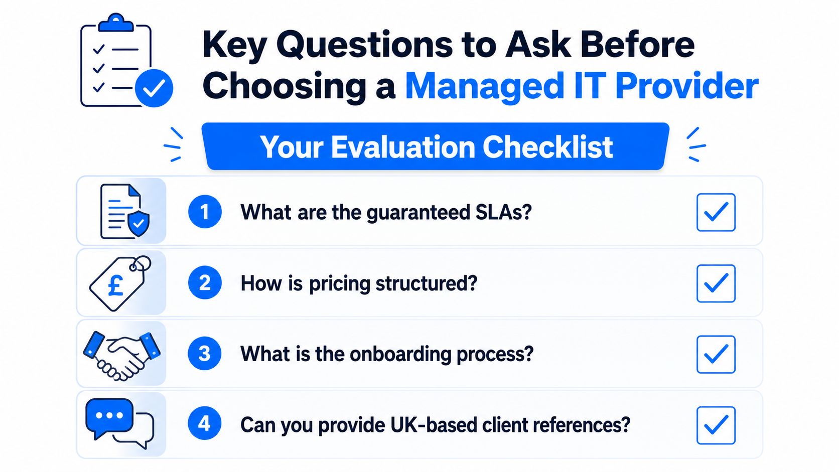 A checklist infographic outlining four key questions to ask before selecting a managed IT service provider.