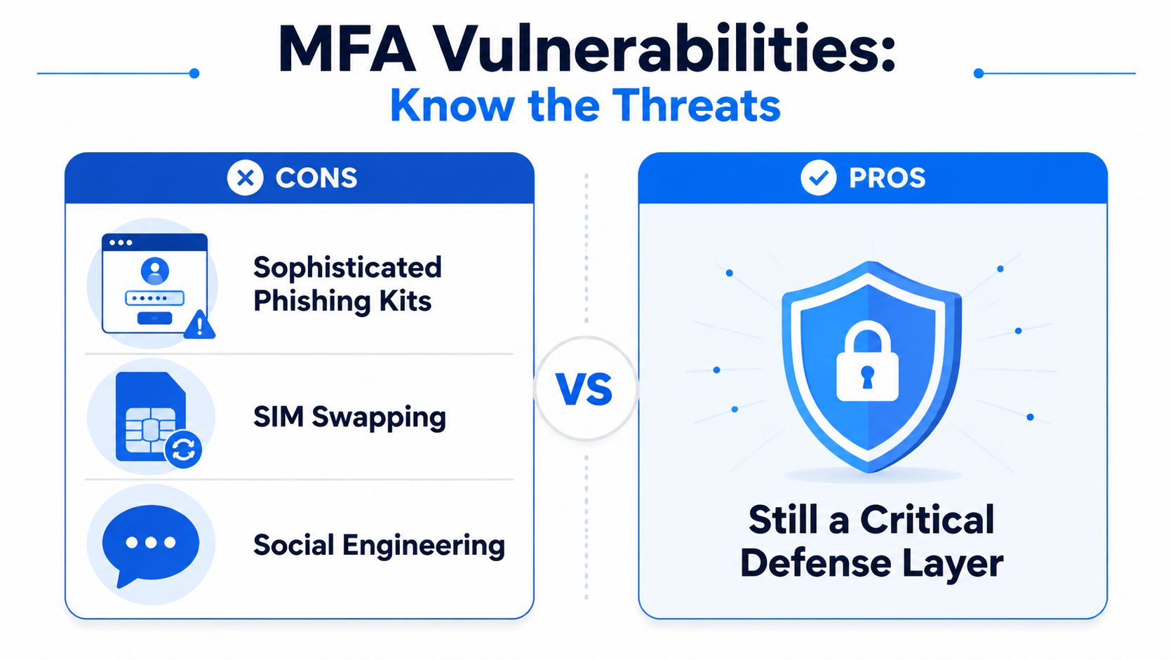 An infographic titled MFA Vulnerabilities explaining the pros and cons of using multi-factor authentication for security.