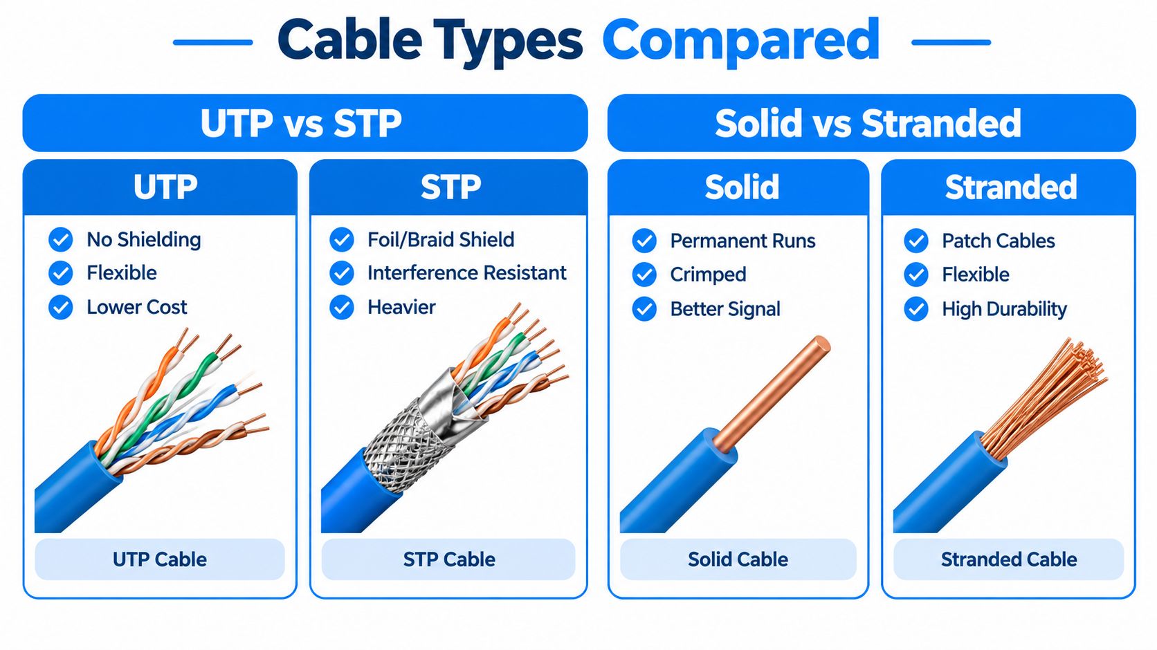 A comparison chart showing differences between UTP and STP cables alongside solid and stranded copper wires.