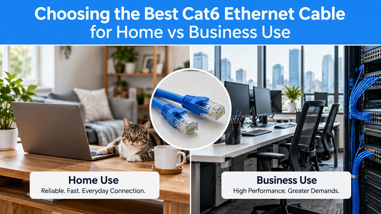 A split image comparing home and business environments to demonstrate choosing the best Cat6 Ethernet cable.