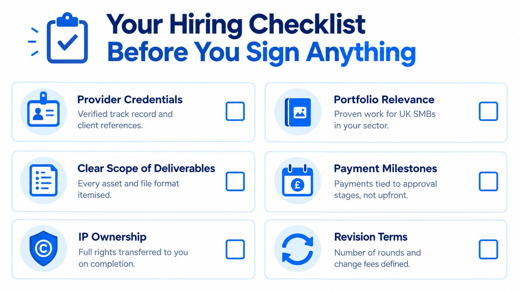 A checklist of essential factors to consider before hiring service providers for business projects.