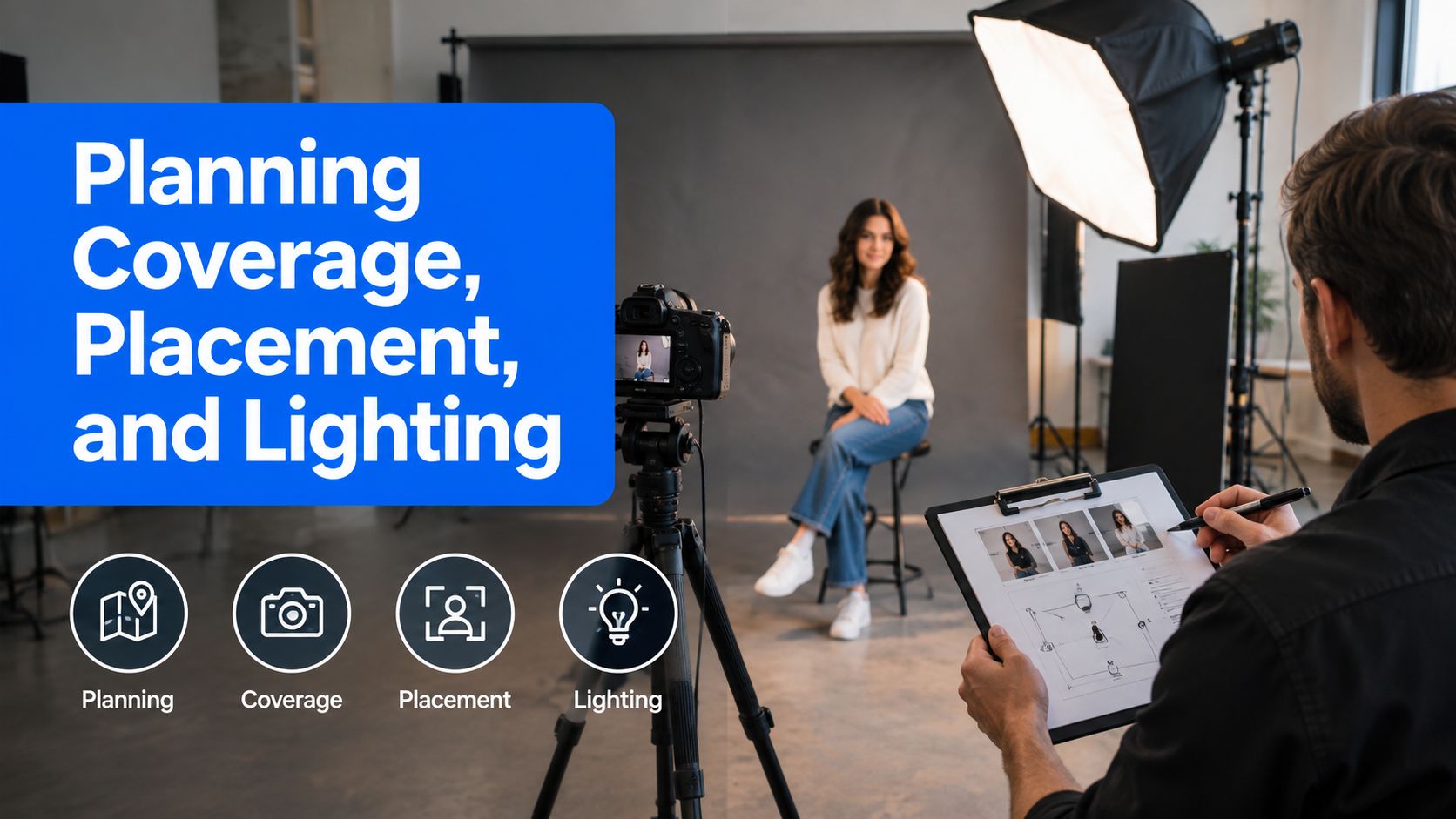 A photographer plans a professional photoshoot by sketching lighting and camera placement on a clipboard.