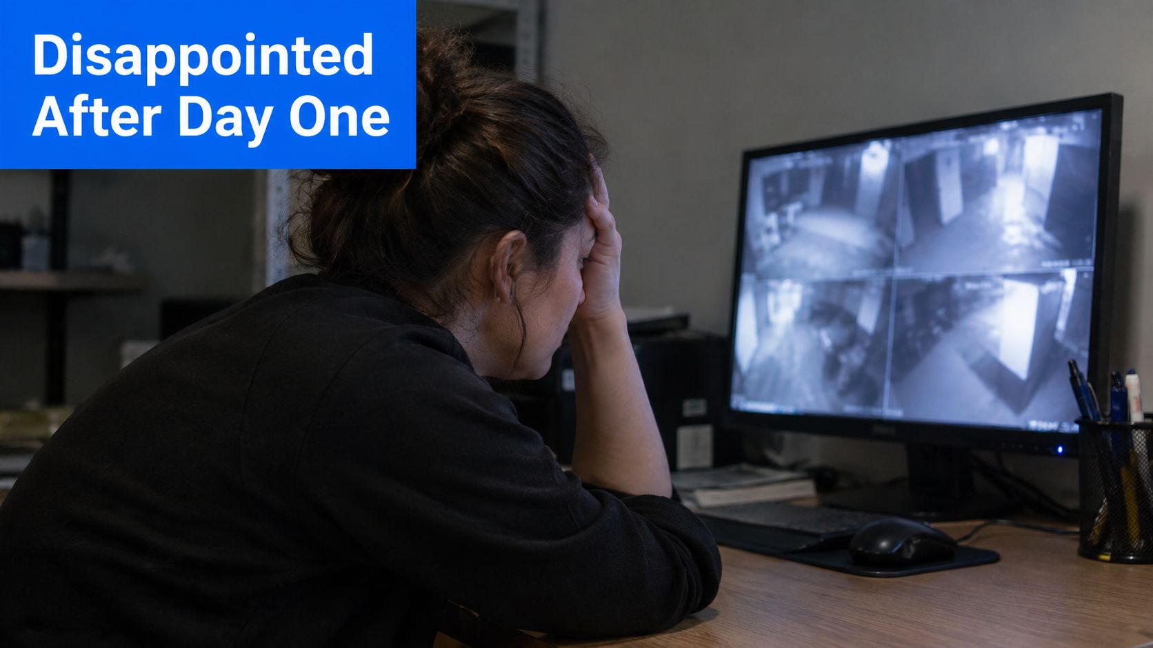 A frustrated woman sitting at a desk looking at a monitor displaying security camera surveillance footage.