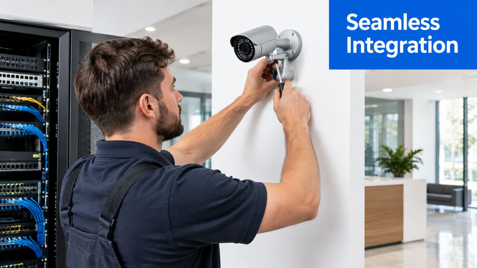 A professional technician installing a security surveillance camera on a wall in a modern office environment.
