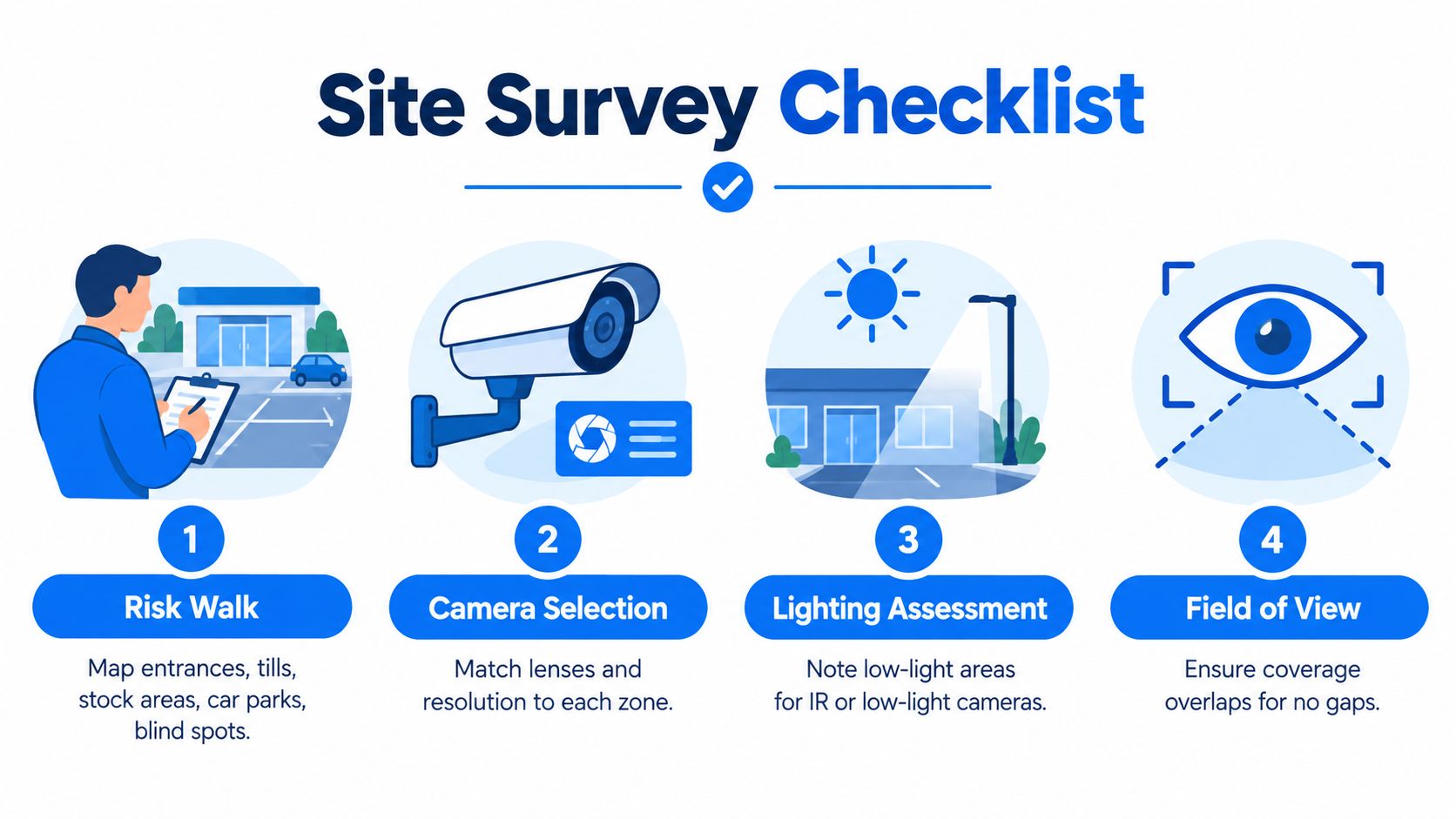 A four-step checklist for professional site surveys regarding the installation of commercial security cameras.
