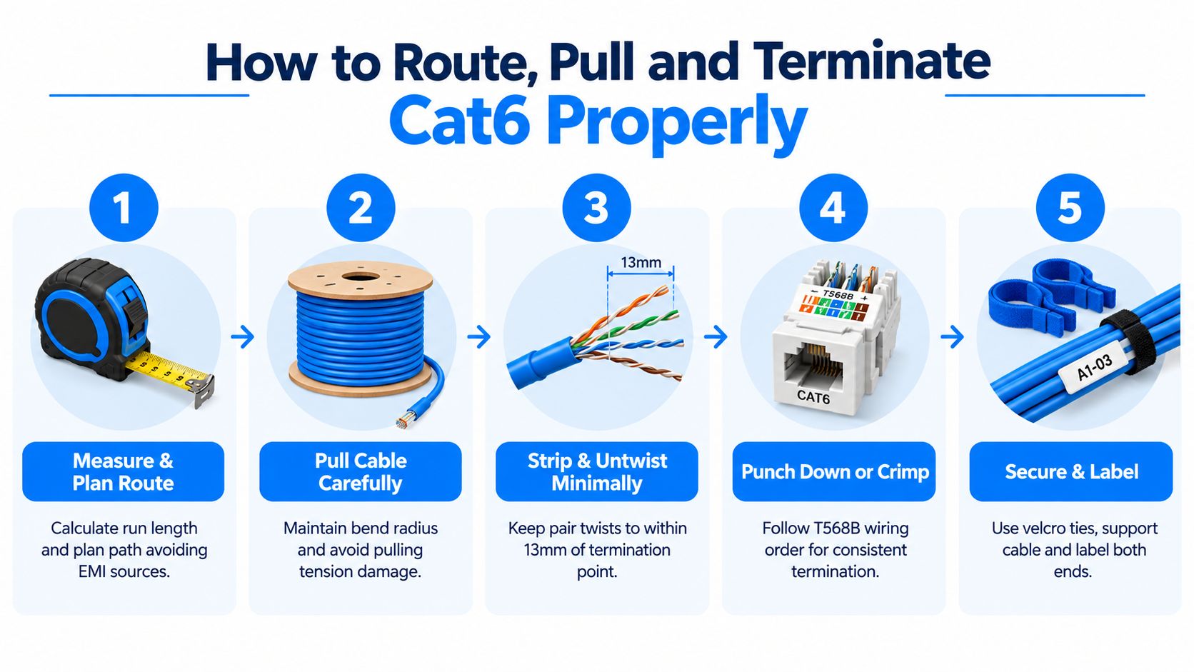A five-step infographic illustrating the proper process for routing, pulling, and terminating Cat6 network cables.