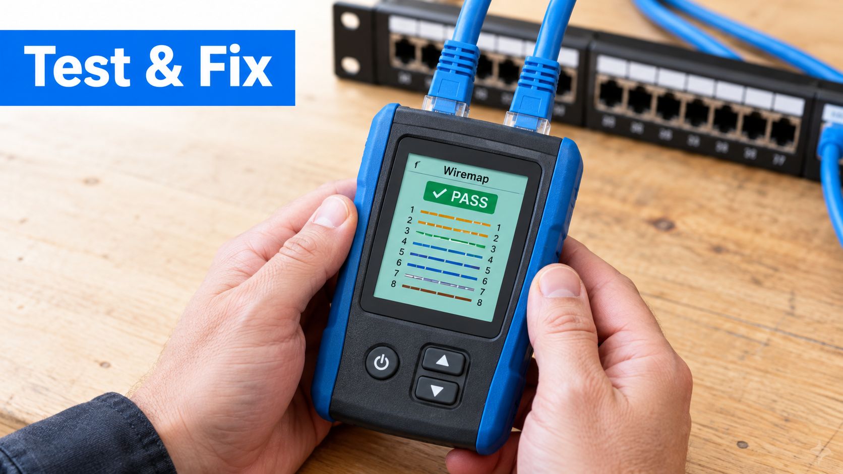 A technician holds a network cable tester showing a pass result for an Ethernet cable connection.
