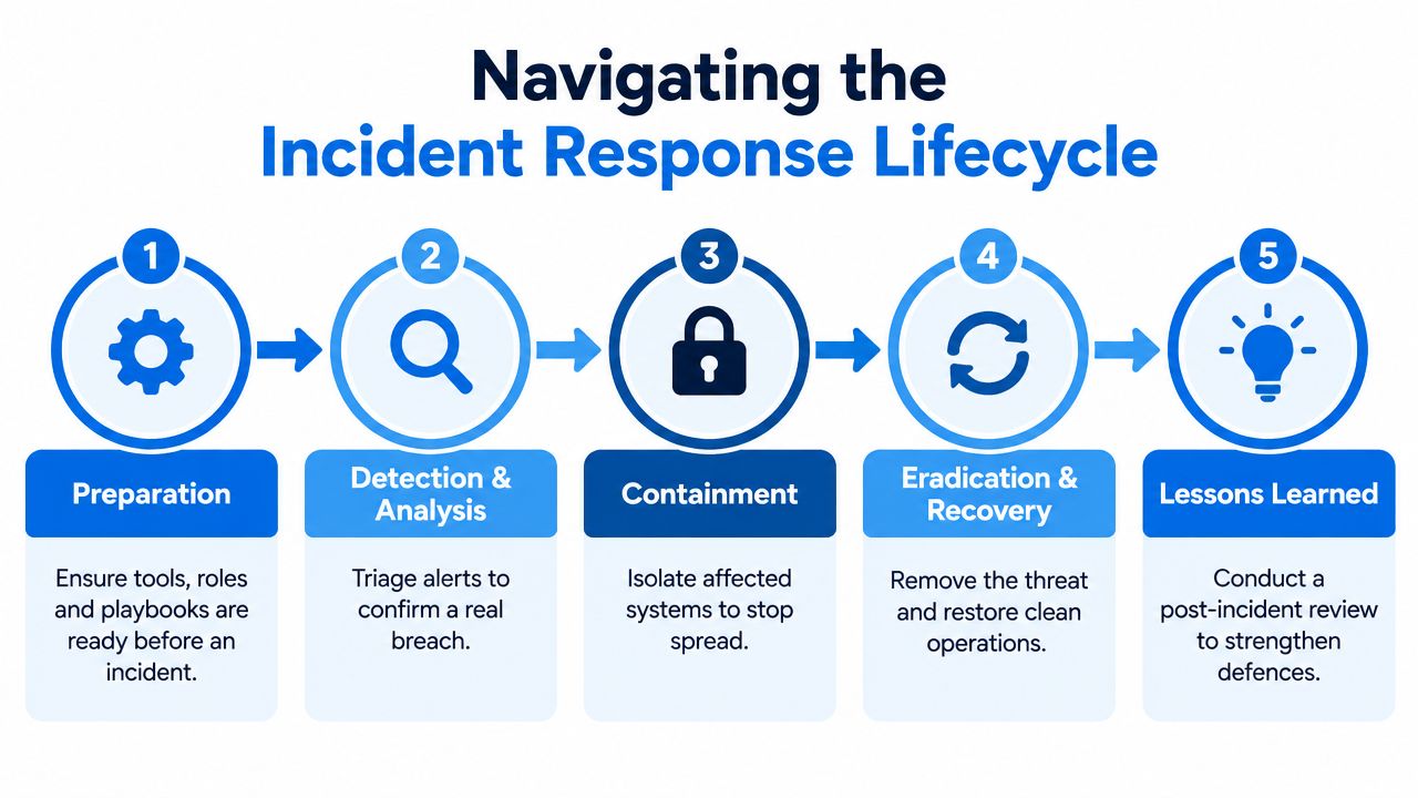A five-step flowchart titled Navigating the Incident Response Lifecycle showing cybersecurity response process phases.