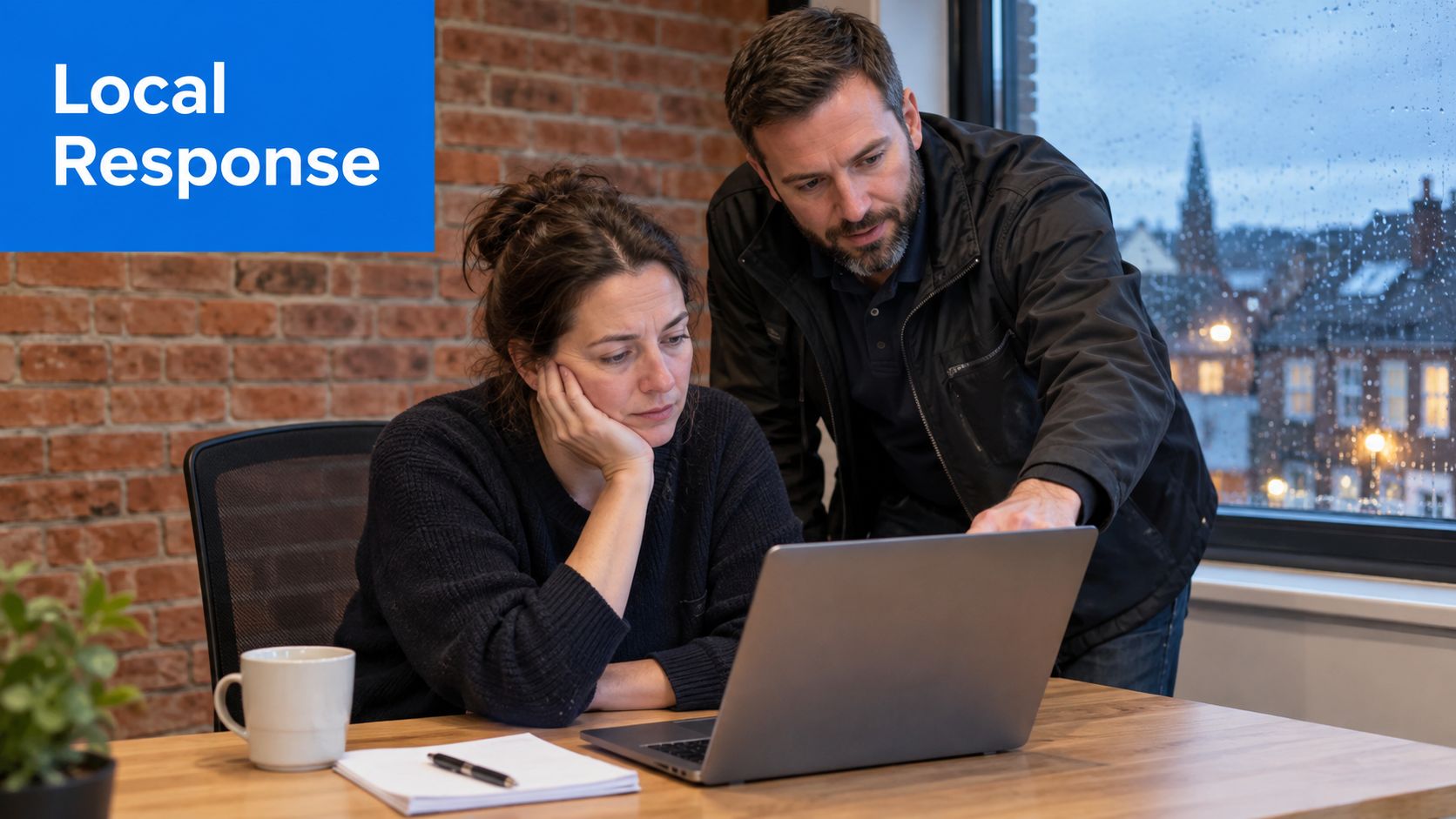 A man and a woman collaborating while working together on a laptop in a modern office space.