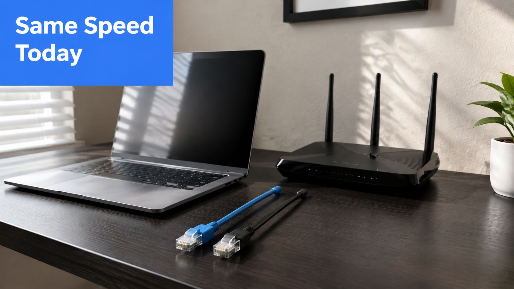 A modern home office setup featuring a laptop and a wireless router with network cables.