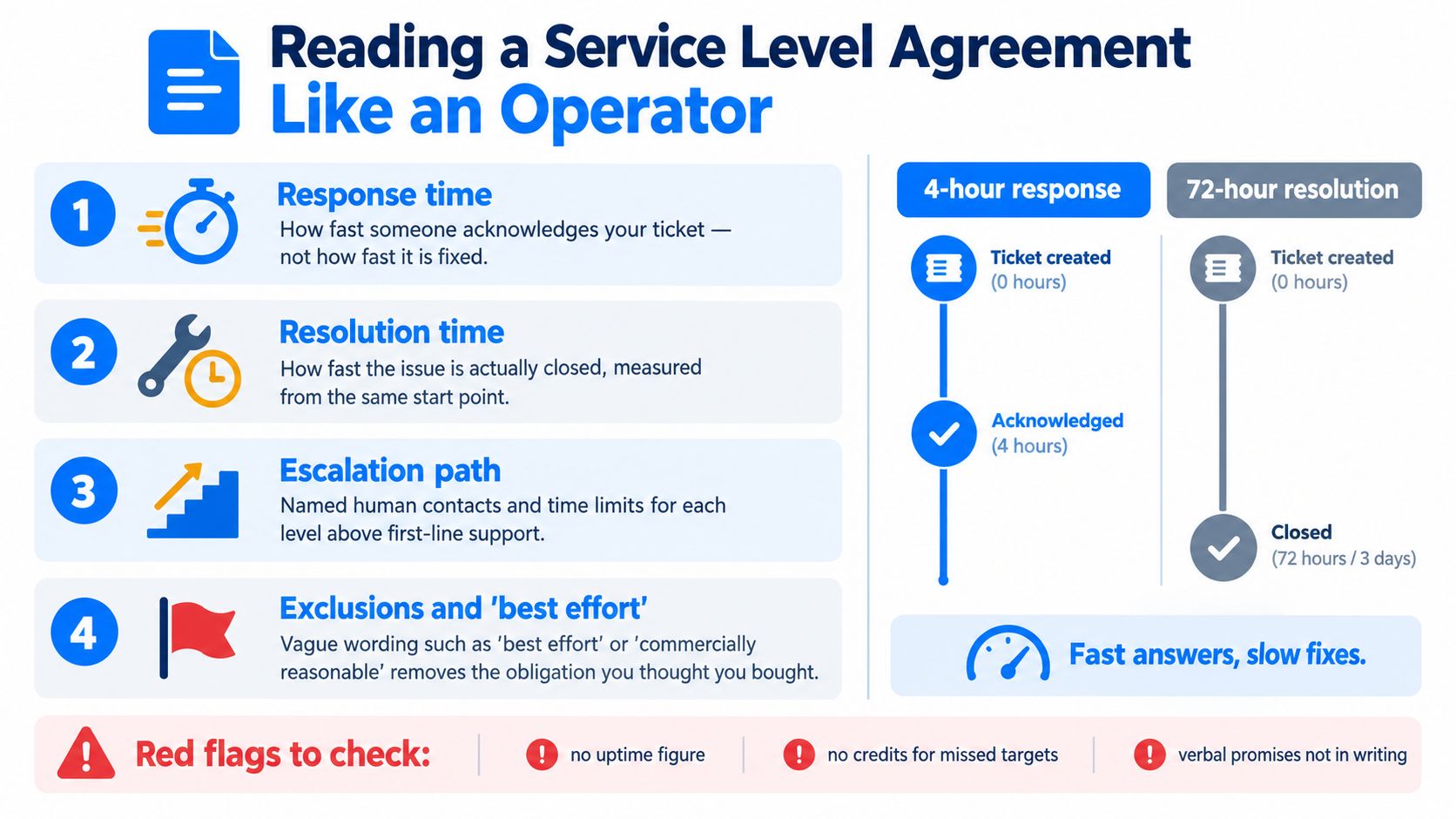 An infographic titled Reading a Service Level Agreement Like an Operator, explaining key SLA terms and red flags.