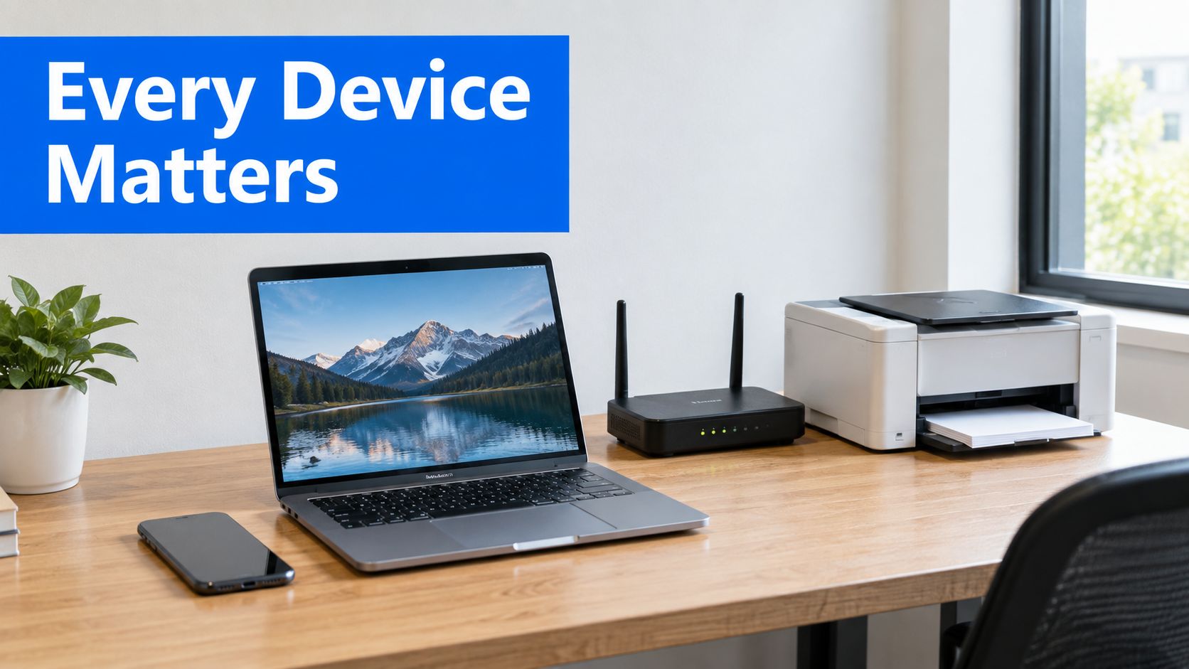 A modern workspace with a laptop, smartphone, wireless router, and printer on a wooden desk.