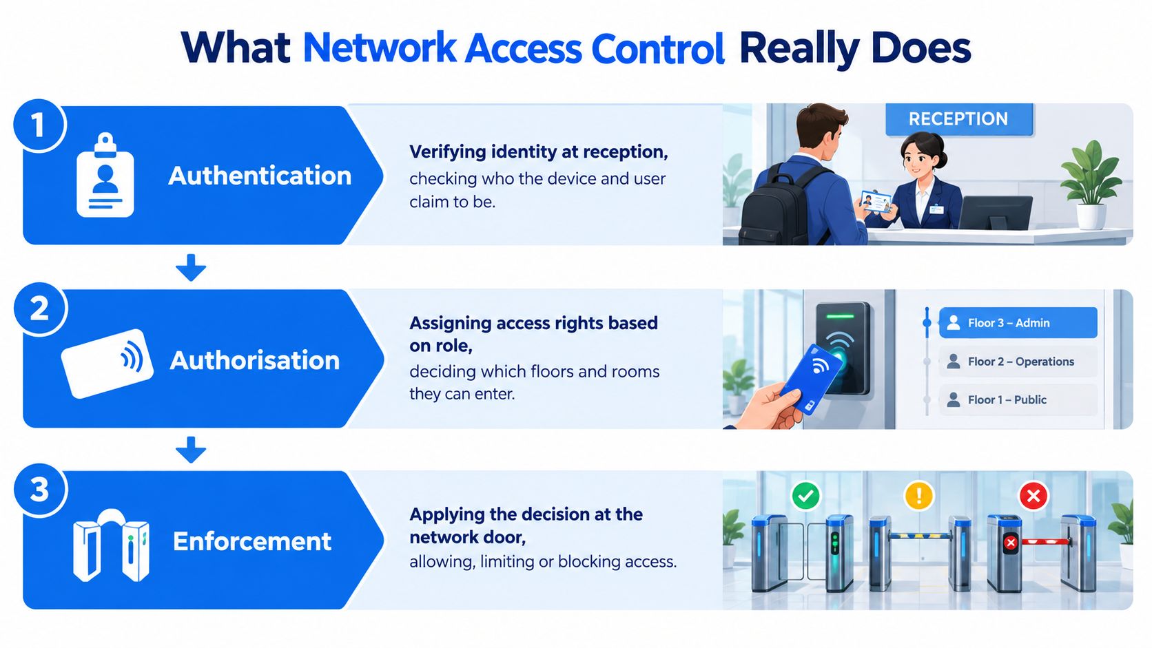 A diagram illustrating the three steps of network access control: authentication, authorisation, and enforcement in a workplace.