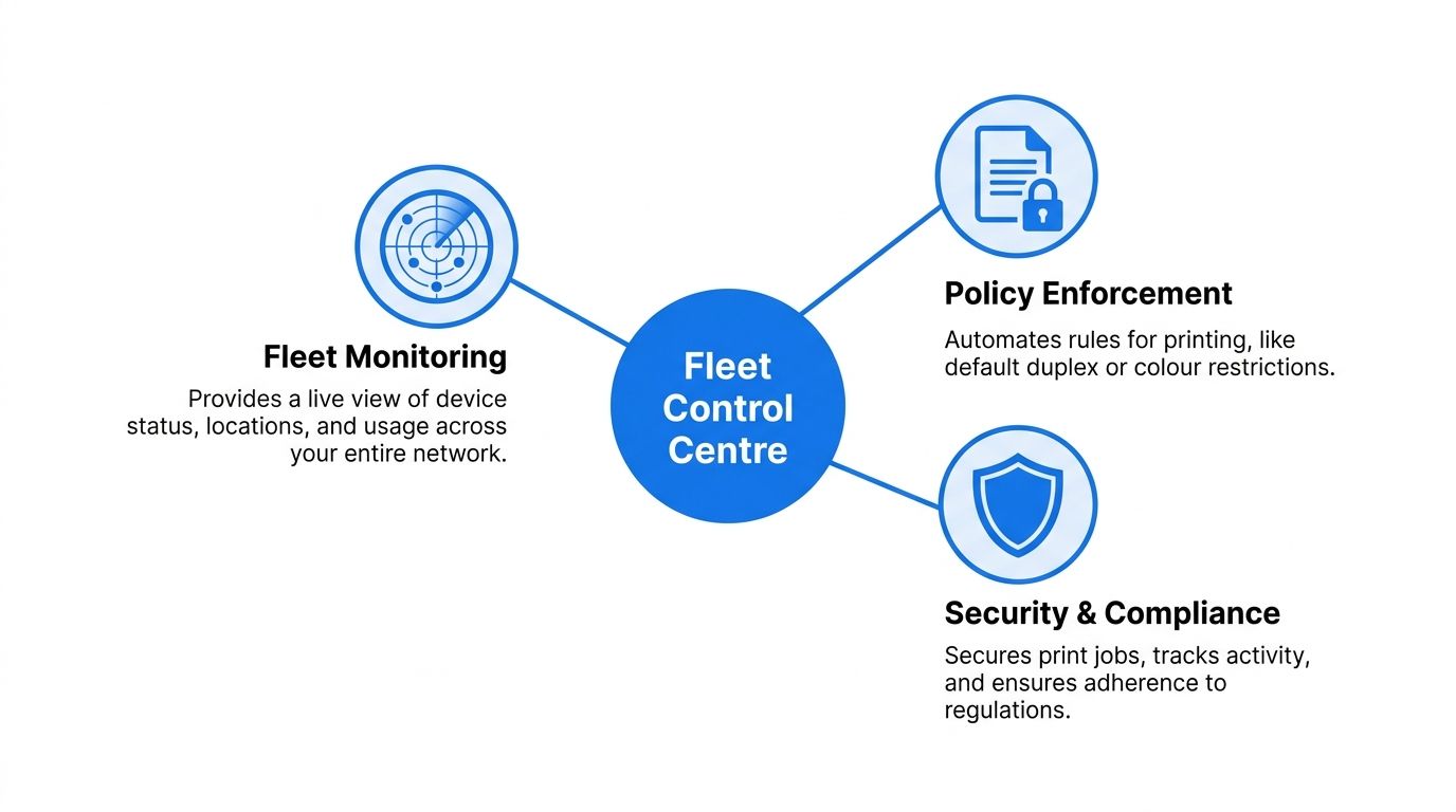 A diagram of the Fleet Control Centre showing fleet monitoring, policy enforcement, and security compliance features.