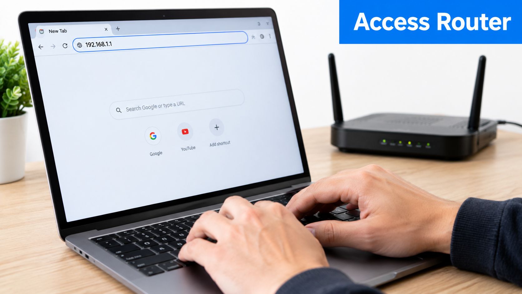 A person typing on a laptop to access router settings via a web browser on a desk.