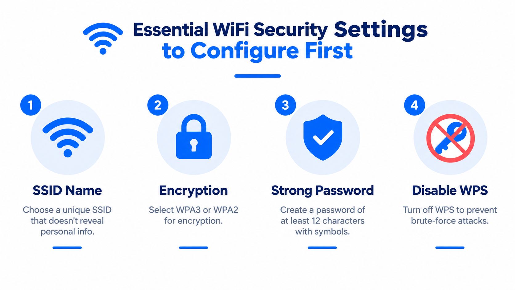 An infographic showing four essential WiFi security settings including SSID name, encryption, strong passwords, and disabling WPS.