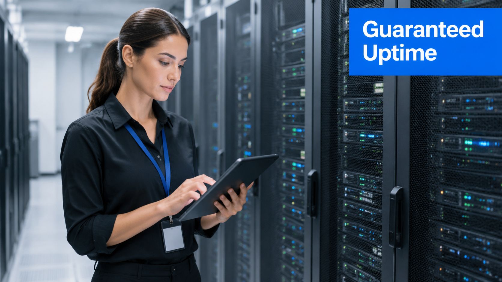 A professional IT technician inspecting server equipment in a data center to ensure guaranteed network uptime.