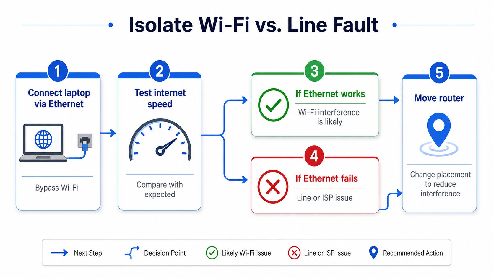 A flowchart diagram explaining how to troubleshoot internet connection issues by comparing Ethernet and Wi-Fi performance.