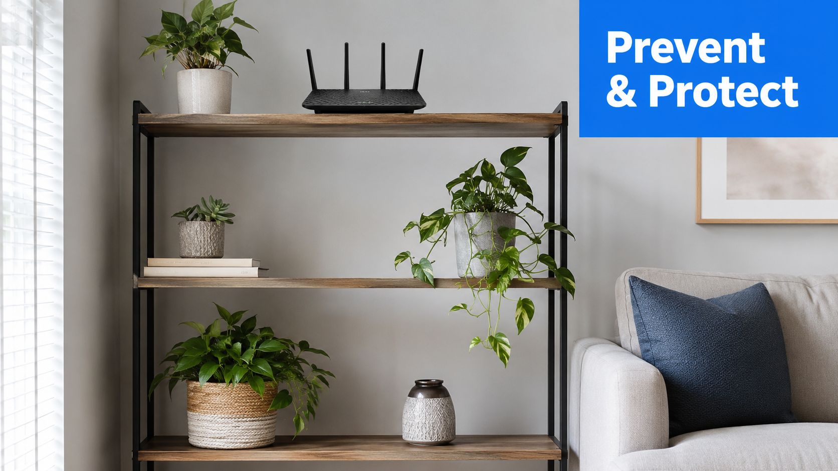 A modern living room featuring a router placed on a bookshelf surrounded by lush green potted plants.