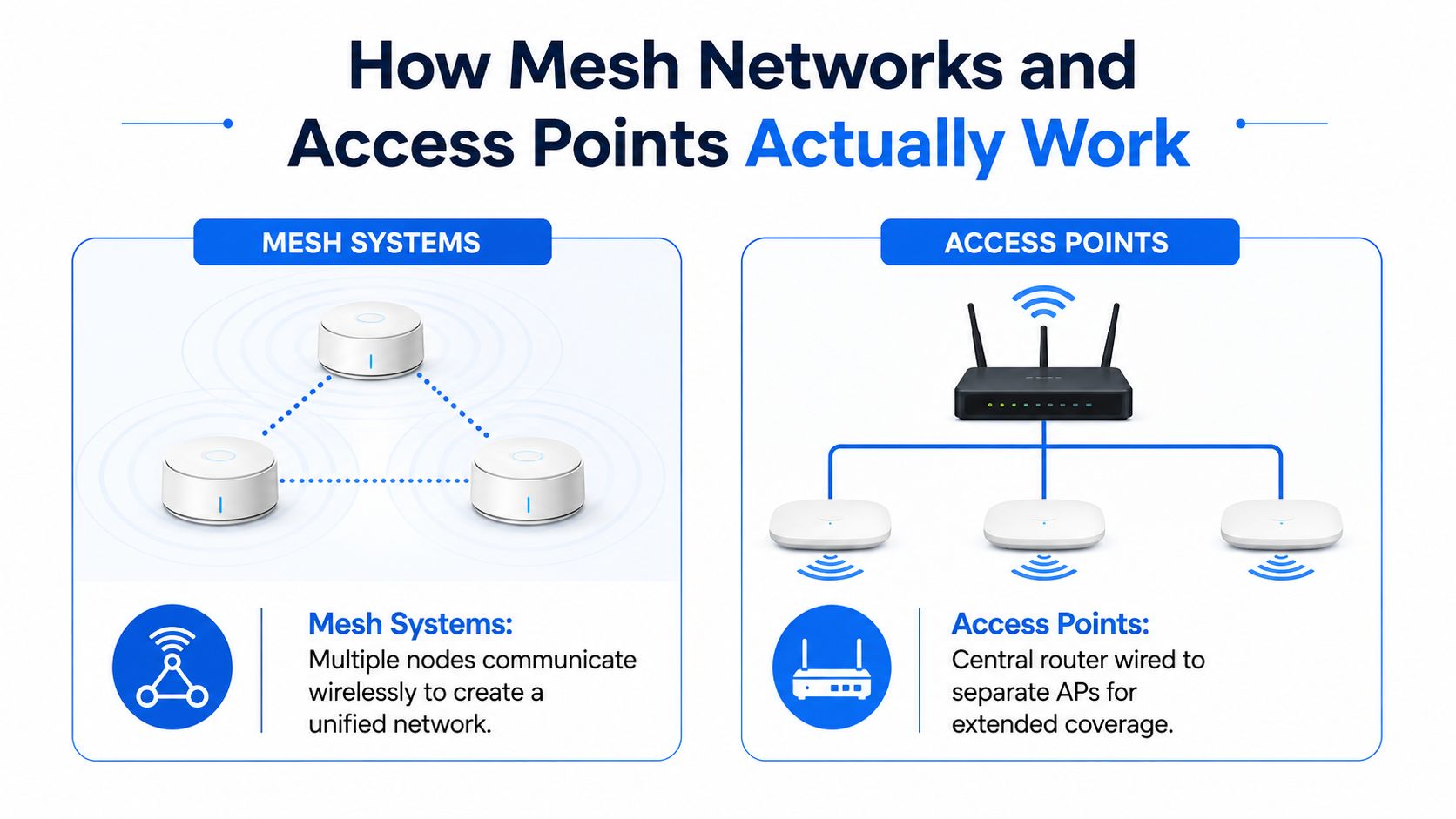 A diagram comparing mesh Wi-Fi systems with multiple nodes against traditional router access points connected via wires.