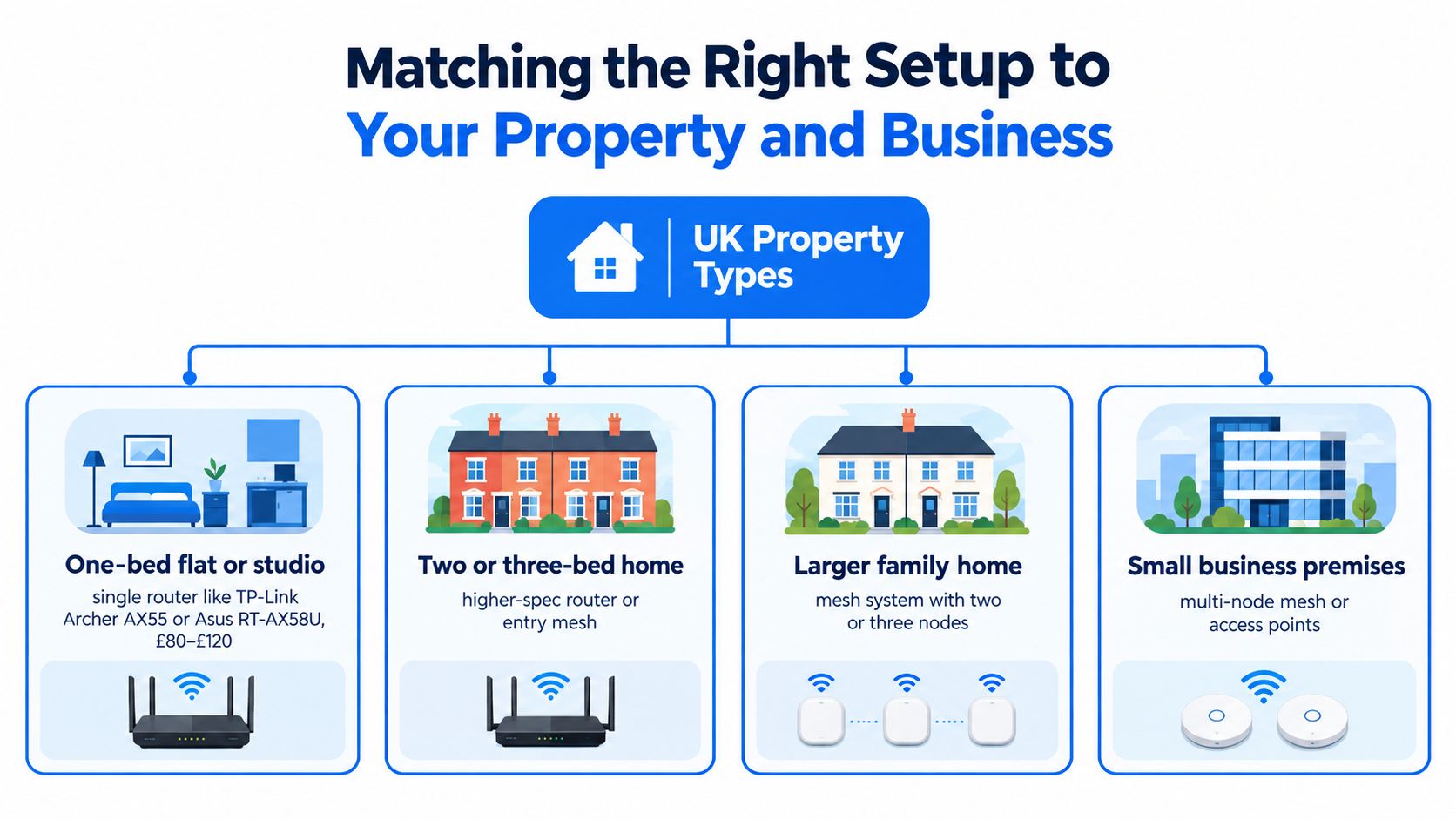 An infographic illustrating recommended Wi-Fi router setups for different property types, ranging from small studios to businesses.