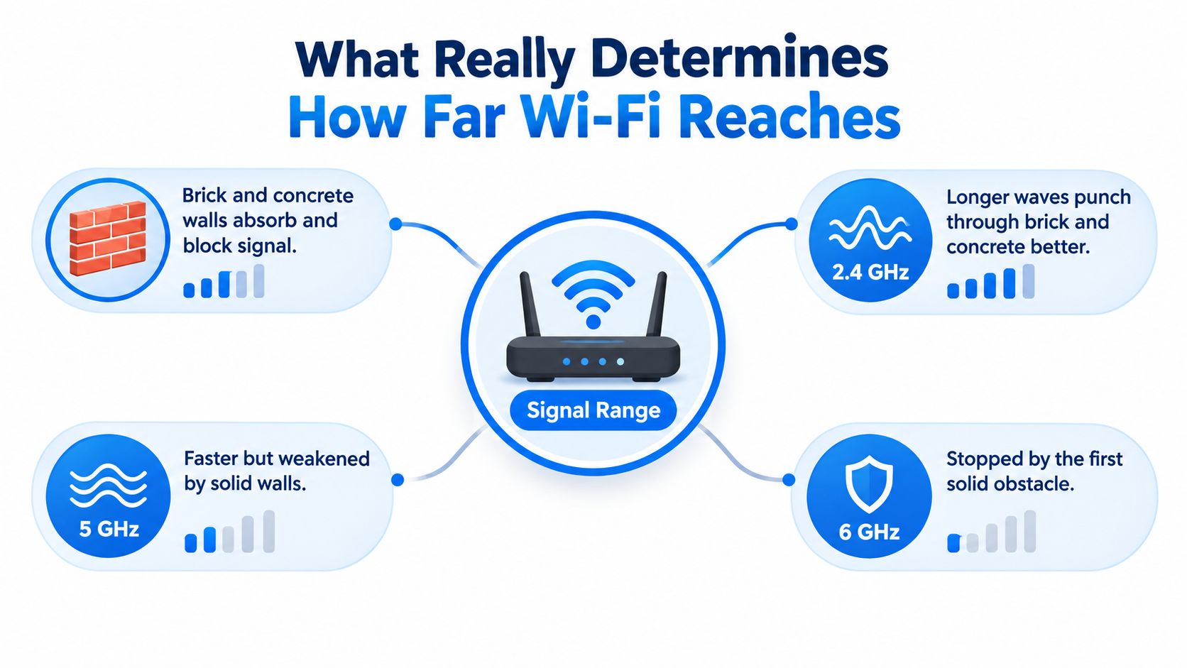 An infographic showing how different Wi-Fi frequencies like 2.4 GHz, 5 GHz, and 6 GHz impact signal range.