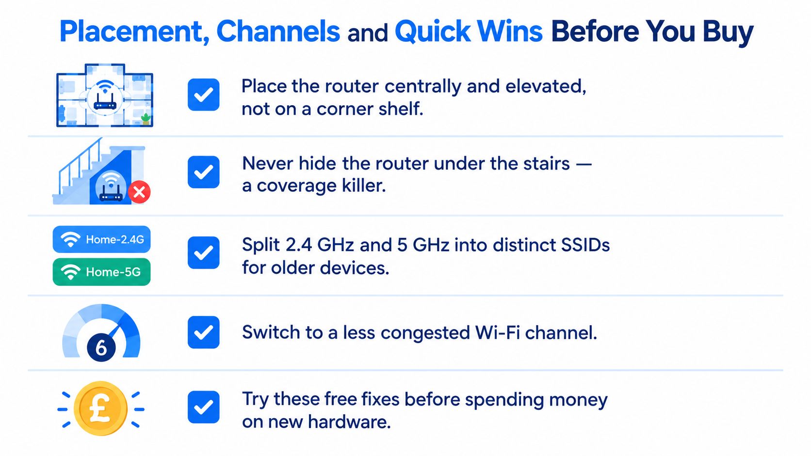 A list of tips for optimizing your Wi-Fi router placement and channels before purchasing new equipment.