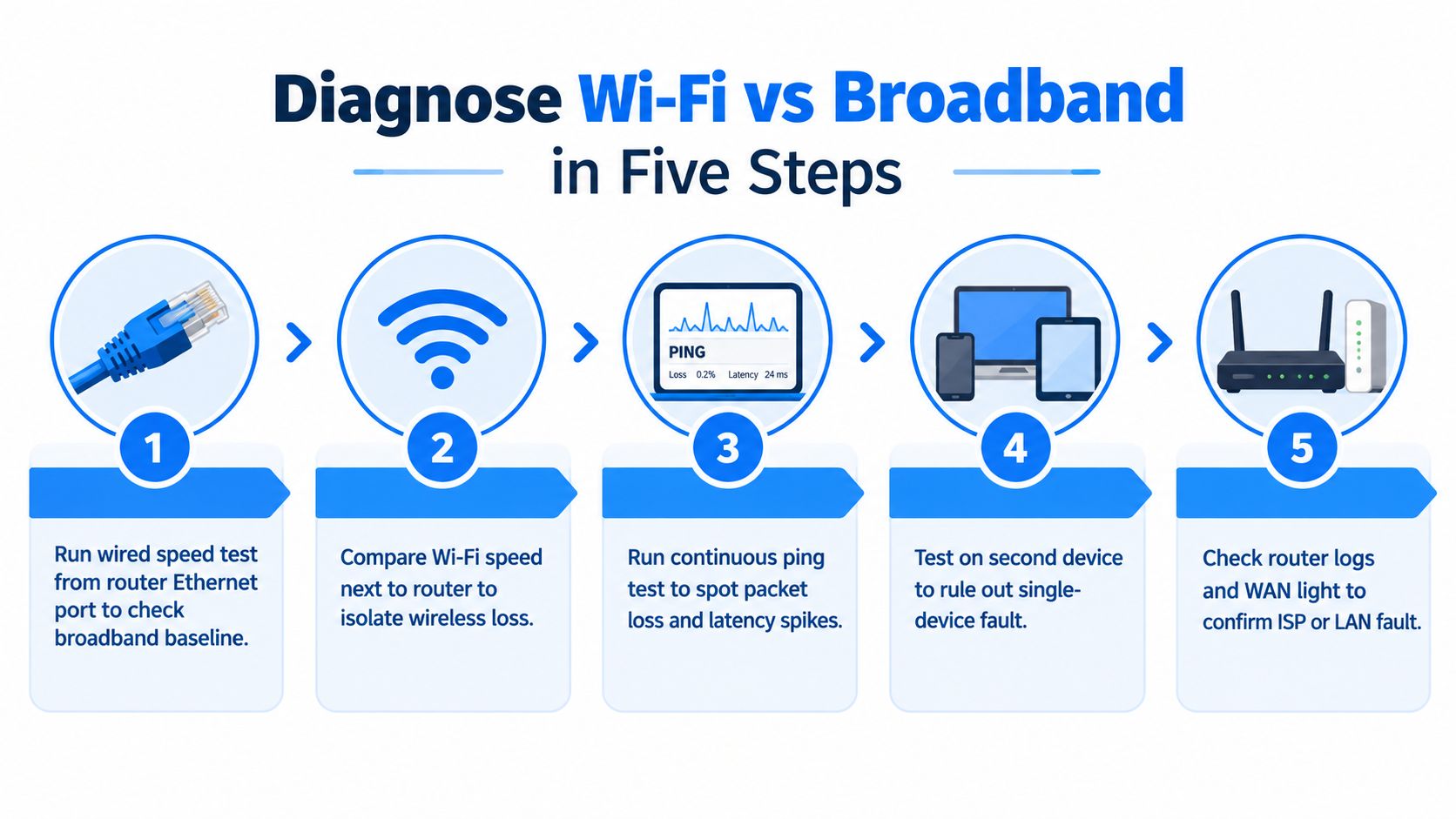 A five-step infographic showing how to diagnose internet connectivity issues between Wi-Fi and broadband connections.