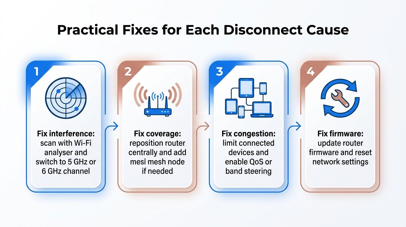 An infographic detailing four practical solutions for resolving Wi-Fi disconnection issues, numbered from one to four.