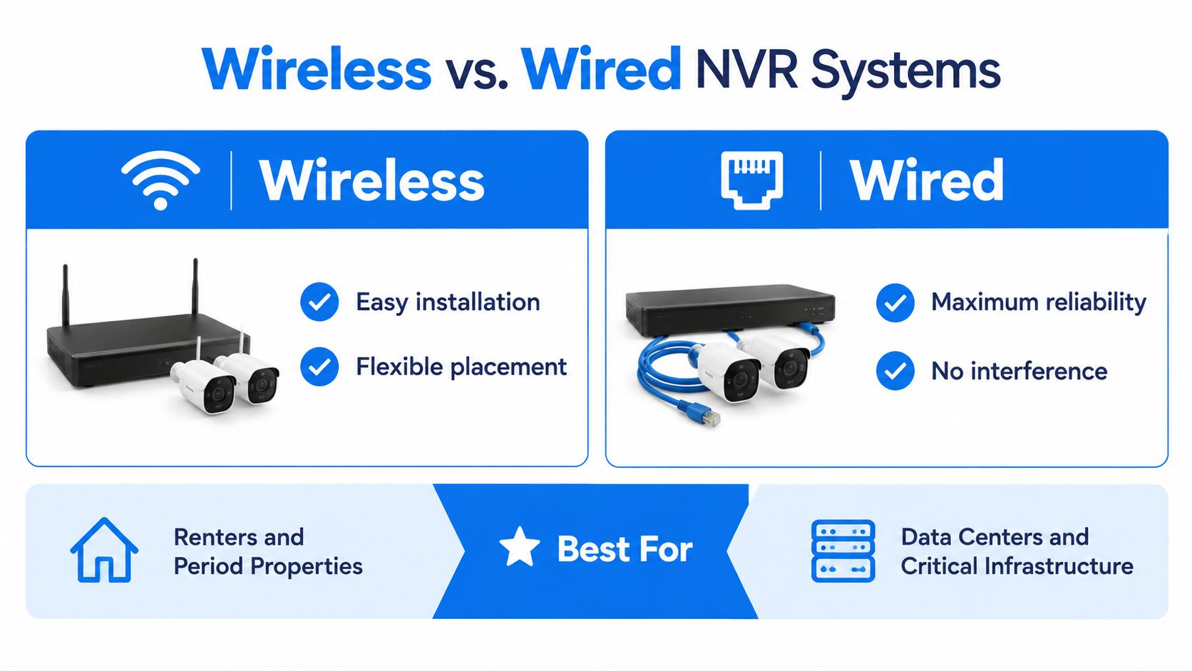 A comparison infographic between wireless and wired NVR surveillance camera systems highlighting their pros and best use cases.
