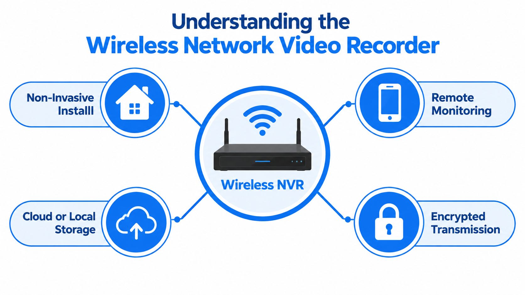 A diagram illustrating the key features of a wireless network video recorder including remote monitoring and storage.