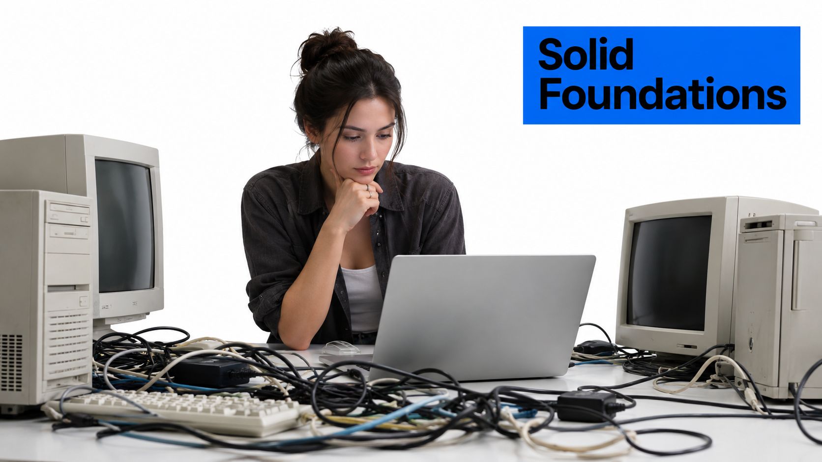 A young woman thoughtfully working on a laptop surrounded by vintage computer hardware and tangled cables.