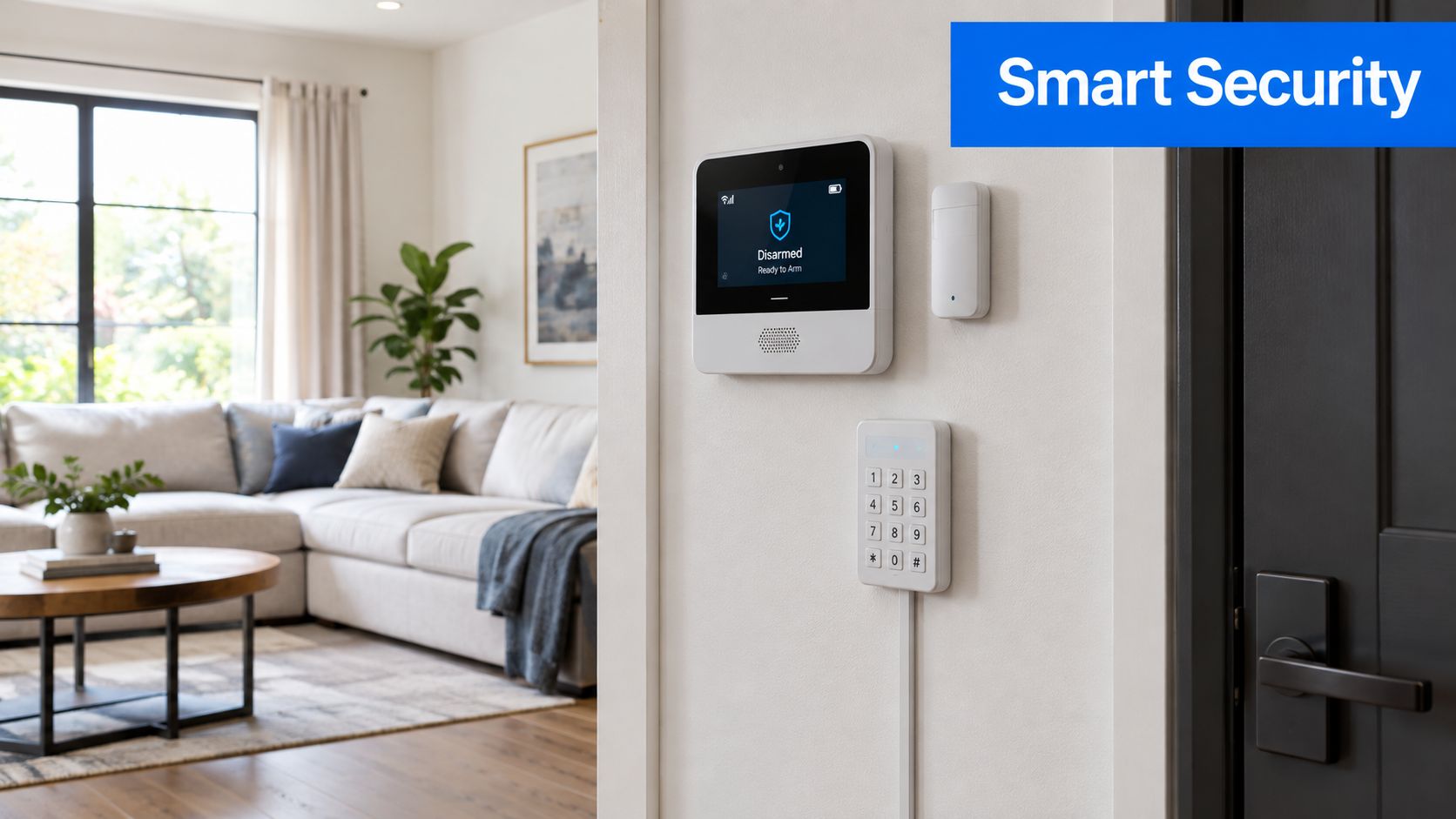 A modern smart home security alarm panel and keypad mounted on a wall near a living room.