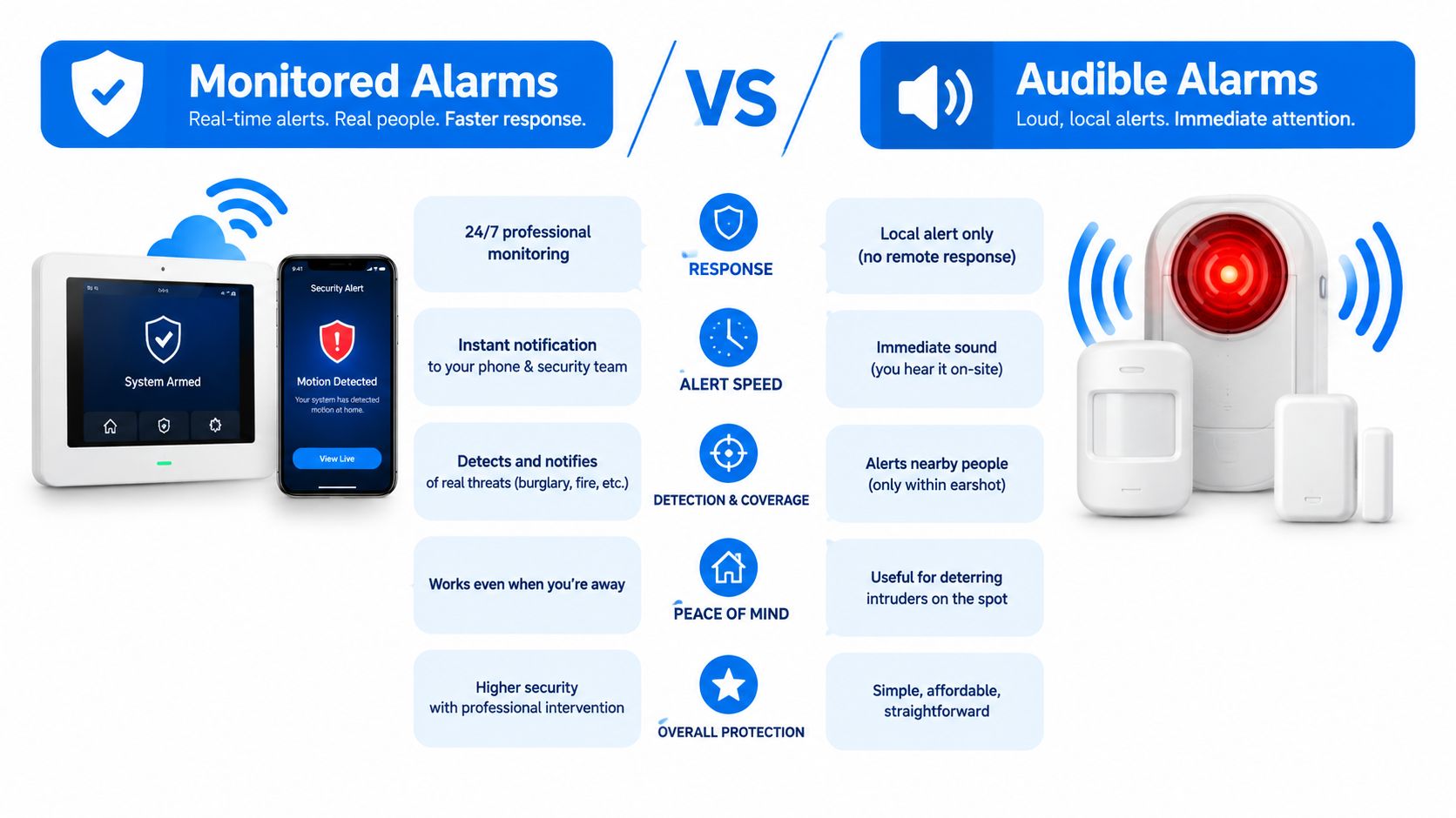 A comparison chart showing the differences between monitored alarms and audible alarms for home security systems.