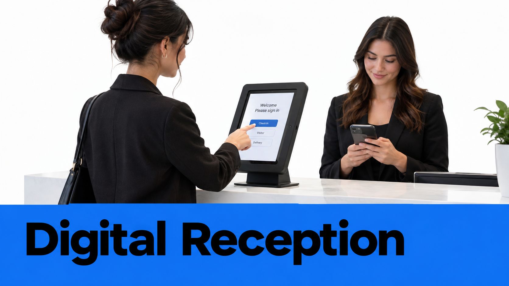 A professional woman using a digital reception kiosk to check in at a modern office front desk.