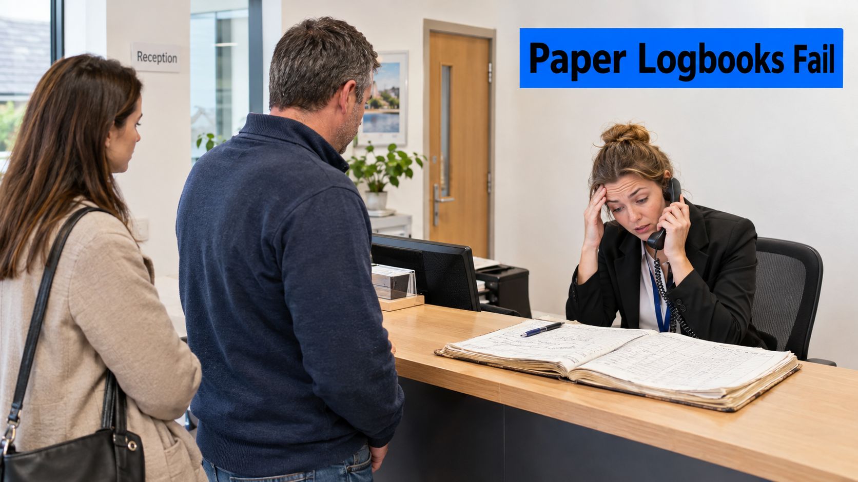 A receptionist looks stressed while managing a paper logbook as a couple waits at the desk.